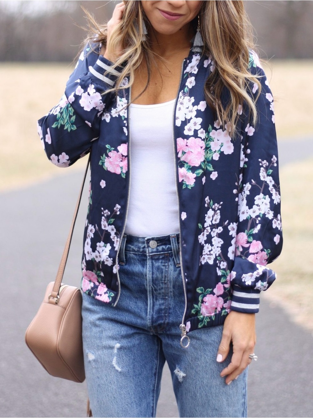 Cherry Blossom Floral Navy and Pink Satin Bomber Jacket - Size 10